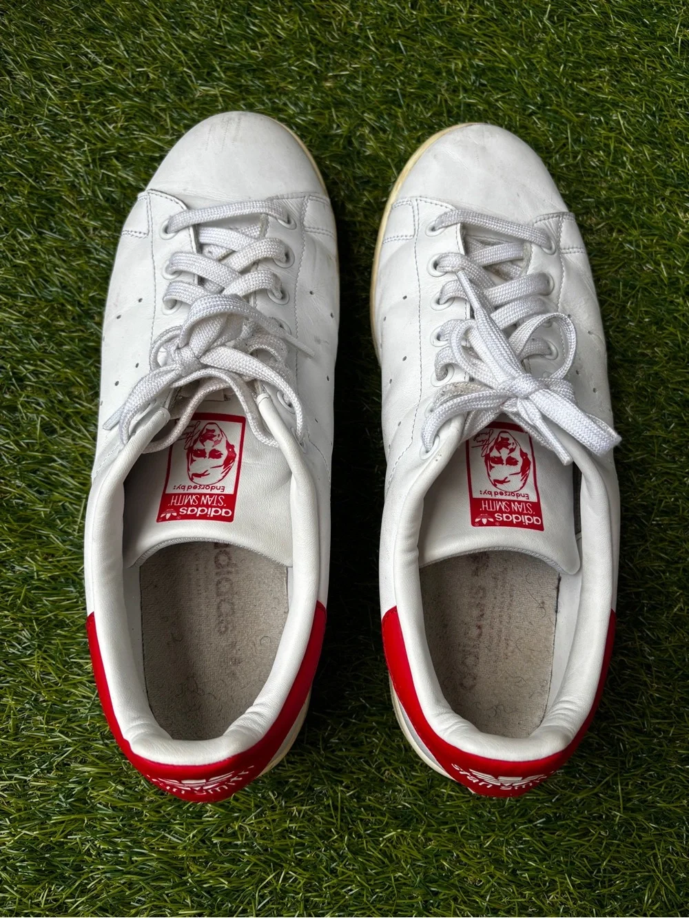 adidas Stan Smith White Leather Sneakers with Red Heel Patch
